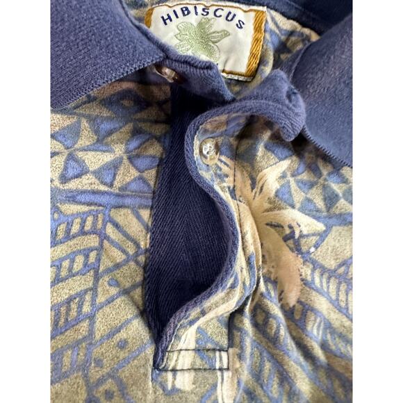 VINTAGE Hibiscus Hawaiian Shirt Mens Large Green Blue Floral Aztec Polo FLAW - Picture 7 of 12